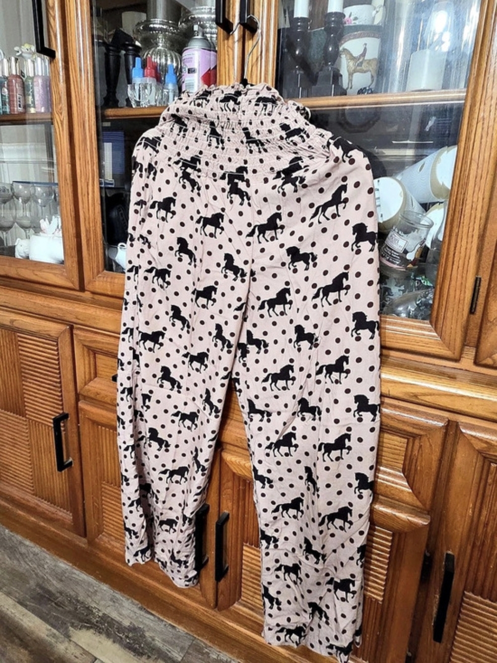 Lucky & Blessed Taupe Horse Polka Dot Printed Smock Elastic Waistband Pants